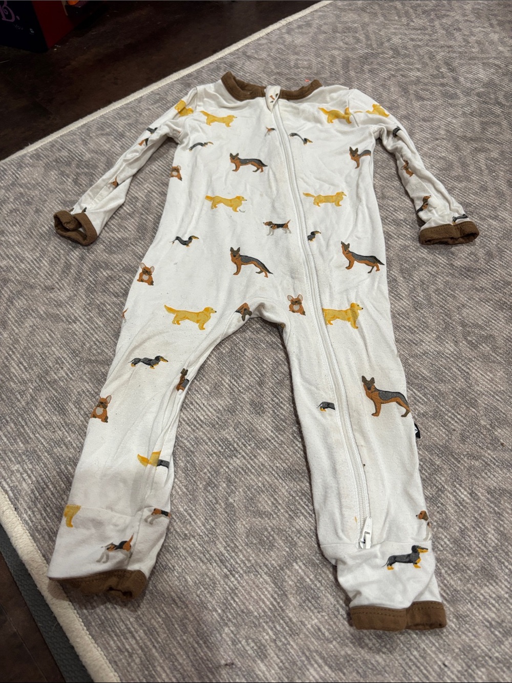 Kyte White Dog-Print Zip One-Piece Footie Pajama with Brown Trim